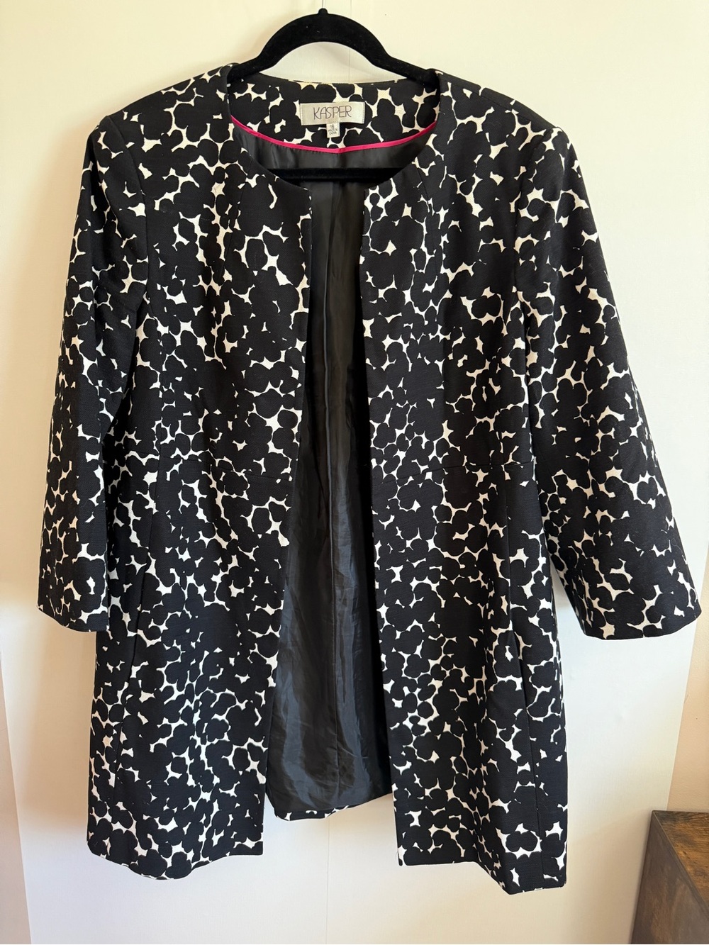 Kasper Size 16 Black Ivory Open Front Career Jacket Cotton Blend